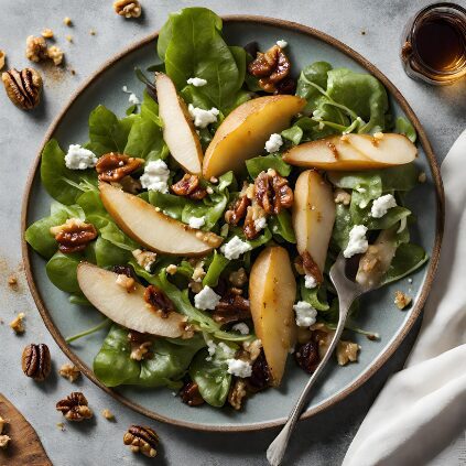 Salada Verde com Peras Caramelizadas Nozes e Gorgonzola